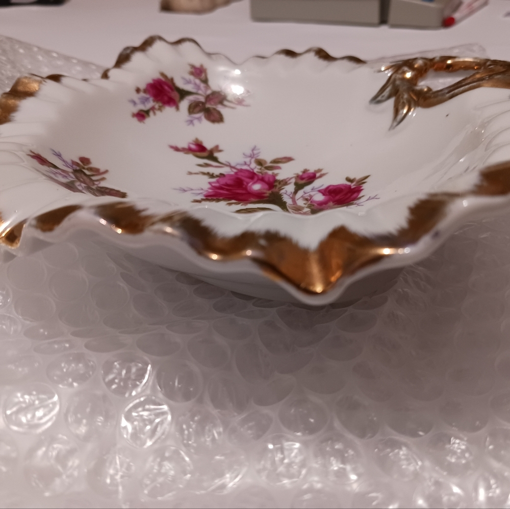 Vintage Moss Rose China Candy Dish 28/6M Gold Trim Scalloped Edge - Picture 9 of 12